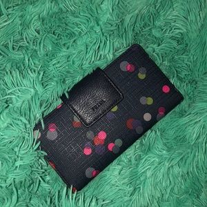 Navy blue fossil wallet with multicolored dots